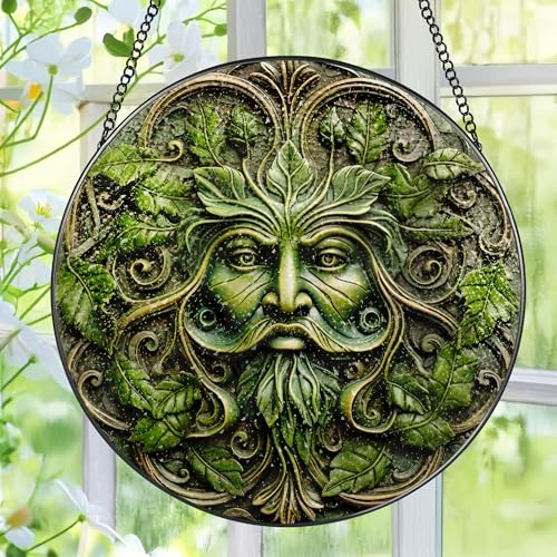 Green Man Stained Glass Suncatcher, Stained Glass Window Hanging, 8 Inch Window Decor Hanging, Gift for Garden Lovers, Fathers Day Birthday Gifts for Dad Grandpa Man Bother Husband Lover - color: Green Man
