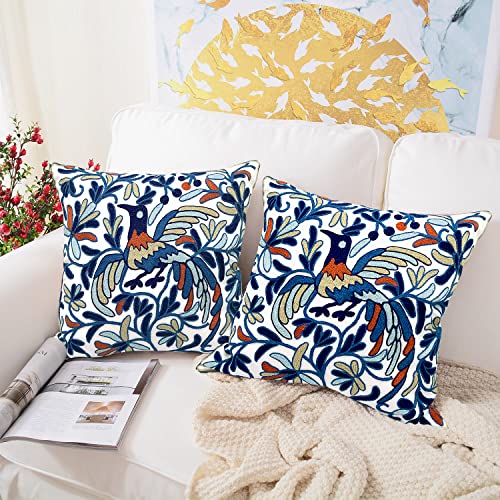 Alysheer Embroidered Summer Decorative Throw Pillow Cover 18"x 18" Set of 2, Boho Navy Blue Bird Embroidery Patterned Cotton Cushion Case for Sofa Couch Living Room Bedroom Outdoor - color: Bird Blue, size: 18" x 18" (Pack of 2)