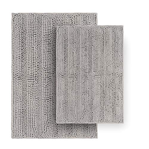 Striped Chenille Bathroom Rugs and Mats Sets, Ultra Soft Chenille Microfiber, Absorbent Non-Slip Machine Washable Bath Rugs, Bath Mat for Bathroom, Shower Mat, Tub, 20"x32" & 18"x24", Light Grey - color: Light Grey, size: Set of 2 - 20" x 32" + 18" x 24"