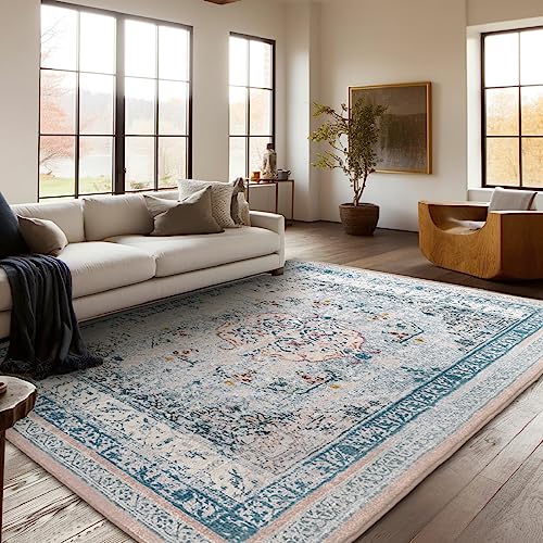 Ashler Boho Rugs, 3x5 Vintage Rugs, Area Rugs, Area Rug for Living Room, Bedroom, Kitchen Dining Room, Blue Home Decor, Non-Slip & Machine Washable Rugs, Carpet Decoration, Blue/Light Pink - color: O-blue/Light Pink, size: 3' x 5' (Rectangular)