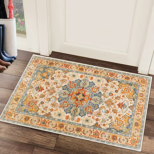 COMSLE Boho Area Rug, 2 x 3 Ft Washable Small Rugs for Entryway Faux Wool Distressed Non-Slip Floor Carpet Indoor Door Mat for Bedroom Kitchen Living Room - color: Terracotta/Royal Blue-1, size: 2' x 3' (Rectangular)