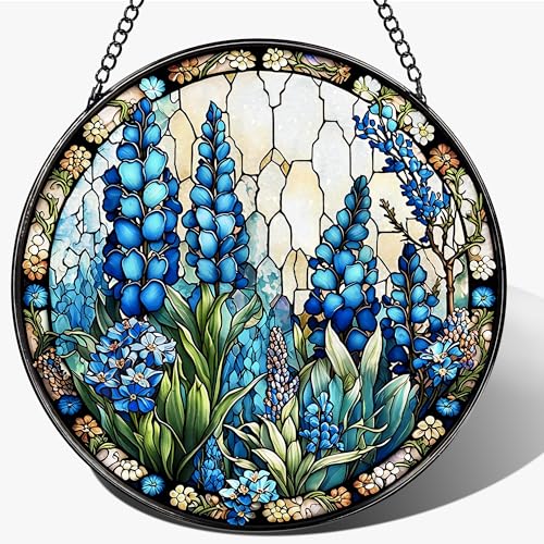 Stained Glass Window Hanging, Stained Glass Suncatcher, 8" Field of Texas Bluebonnets Sun Catchers Indoor Window Ornaments – Christmas Mother's Day Birthday Gifts for Women, Friends, Mom, Grandma - color: Bluebonnet