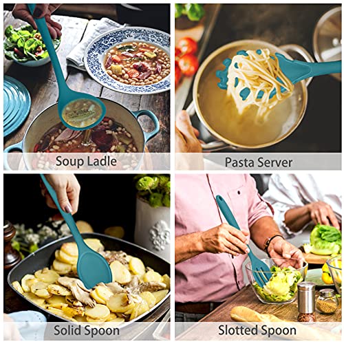 P&P CHEF Blue Kitchen Utensils, Silicone Cooking Utensil Set of 7 | Soft Spatula for Nonstick Cookware, Slotted Turner, Soup Ladle, Pasta Server, Spoon for Cooking, Dishwasher Safe & Heat Proof - color: Blue