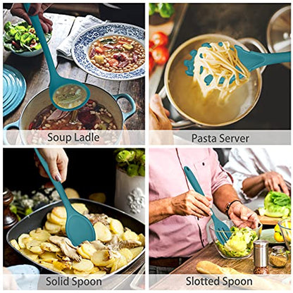 P&P CHEF Blue Kitchen Utensils, Silicone Cooking Utensil Set of 7 | Soft Spatula for Nonstick Cookware, Slotted Turner, Soup Ladle, Pasta Server, Spoon for Cooking, Dishwasher Safe & Heat Proof - color: Blue
