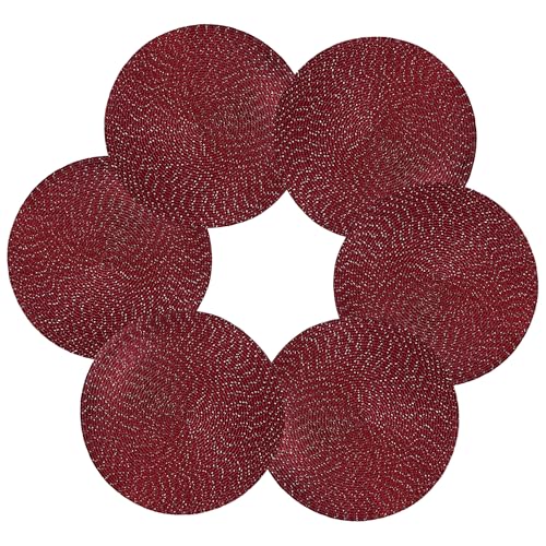 Youyi Round Placemats Set of 6, 15 inch Woven Braided Place Mats Washable Non-Slip Kitchen Table Mats for Dining, Burgundy (with Silver Accents) - size: set of 6