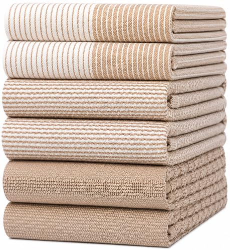 Premium Kitchen Towels 6 Pack 100% Cotton, 20"x28" Dish Towels - Tan | Large Flat & Terry Kitchen Linen Set with Hanging Loops, Highly Absorbent for Washing and Drying Dishes - color: Tan, size: Kitchen Towels - Mixed Styles