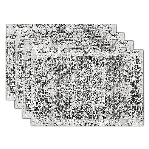 Gray Black Boho Placemats Set of 4 Ethnic Bohemian Carpet Place Mats Washable Kitchen Dining Vintage Grey Geography Floral Linen Table Mats Stain Heat-Resistant Cloth Tabel for Home Party 12x18 in - color: Black Gray, size: 18x12 Inches