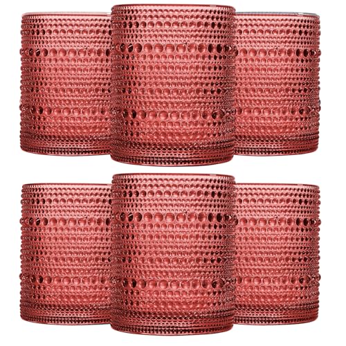 JOVGANK Red Vintage Hobnail Drinking Glasses Set of 6, Embossed Water Tumbler 12oz, Kitchen & Bar Beaded Glass Cups, Beverage Glass Cups for Water, Beer, Juice, Housewarming and Mother's Day Gift - color: Red, size: 12 oz