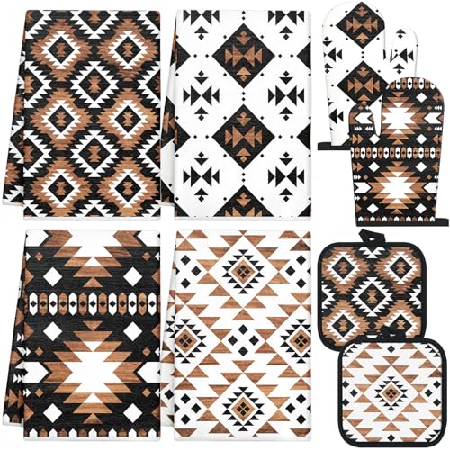 Teenyyou 8 Pcs Western Aztec Kitchen Towels Southwestern Pot Holders and Oven Mitt Set 4 Aztec Dish Towels 2 Rustic Absorbent Square Potholders 2 Heat Resistant Glove for Cooking Baking Home Gifting - style: Aztec