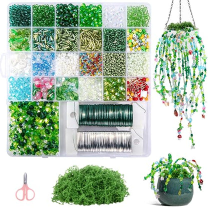 codree 5421 Pcs Beaded Plant Kit with Artificial Moss, Green Beads for Beaded Plants Making, Forever Plant Leaf Flower Green Glass Beads for Jewelry Making DIY Crafts Succulent Plants Lover - color: A Style