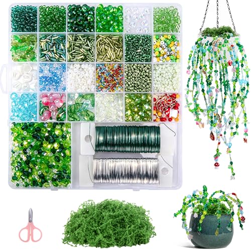 codree 5421 Pcs Beaded Plant Kit with Artificial Moss, Green Beads for Beaded Plants Making, Forever Plant Leaf Flower Green Glass Beads for Jewelry Making DIY Crafts Succulent Plants Lover - color: A Style