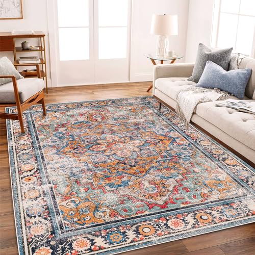 CHAMPLANT Washable Area Rug 9'x12' Boho Chic Medallion Distressed Design Non-Shedding Easy Care Ideal for High Traffic Areas in Living Room Bedroom Office Coffee Table Large Carpet - color: Blue and Yellow, size: 9' x 12' (Rectangular)