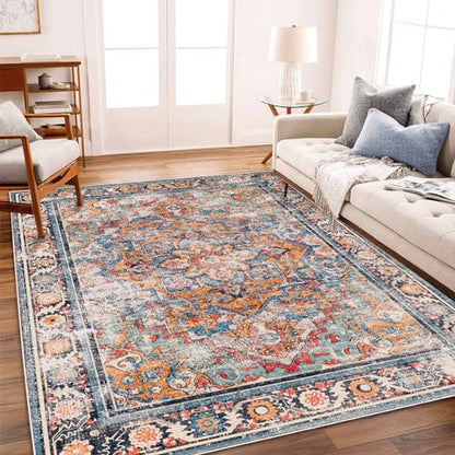 CHAMPLANT Washable Area Rug 9'x12' Boho Chic Medallion Distressed Design Non-Shedding Easy Care Ideal for High Traffic Areas in Living Room Bedroom Office Coffee Table Large Carpet - color: Blue and Yellow, size: 9' x 12' (Rectangular)
