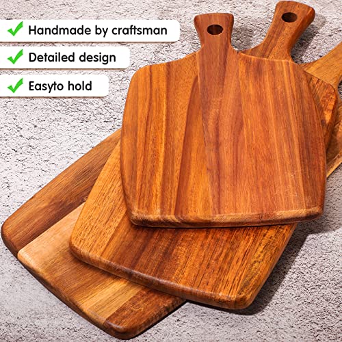 Kathfly 3 Pcs Acacia Wood Cutting Board with Handle Wooden Laser Kitchen Serving Charcuterie Board for Vegetables Meat Pizza Cheese Fruit Bread(17 x 7 Inch) - size: 17 x 7 Inch