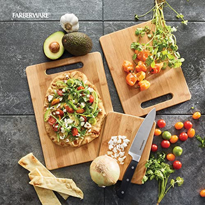 Farberware 3-Piece Wood Cutting Board Set, Reversible Chopping Boards for Meal Prep and Serving, Charcuterie Boards, Wooden Cutting Boards with Built-in Handles, Set of 3 Assorted Sizes, Bamboo - size: 11"L x 0.8"W, style: 3-Piece