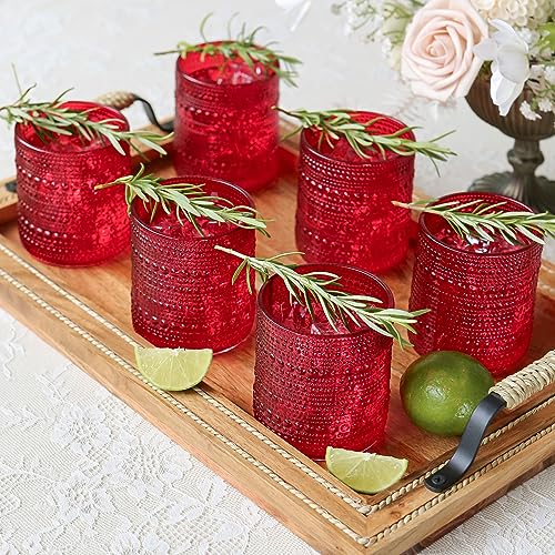 Kate Aspen Retro Arch Floral Red Drinking Glasses Set of 6, 10 oz Vintage Ribbed Glass Cups, Christmas Glassware & Holiday Drinkware, Valentine’s Day & Holiday Hostess Gift - color: Red, size: Beaded 10 oz.