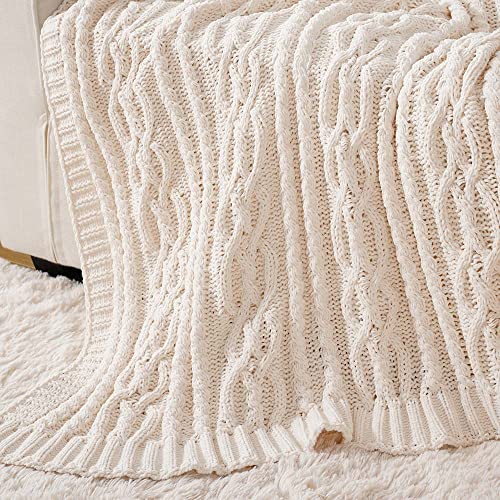 Battilo Cream White Ivory Throw Blanket for Couch, 51x 67 Inch, Woven Chenille Knit Throw Blanket for Chair, Super Soft Warm Decorative Textured Throw Blanket for Bed, Sofa and Living Room. | White Throw Blanket, Ivory Knit Blanket, Soft Woven Chenille Kn