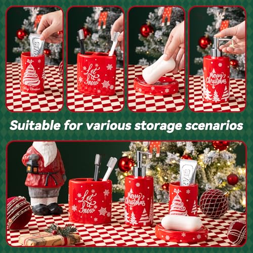 Christmas Bathroom Accessories Set, 4-Piece Ceramic Bathroom Accessory Set Include Lotion Dispenser, Toothbrush Holder Tumbler, and Soap Dish (Red) - color: Red
