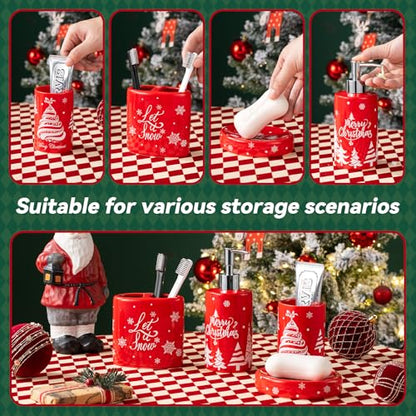 Christmas Bathroom Accessories Set, 4-Piece Ceramic Bathroom Accessory Set Include Lotion Dispenser, Toothbrush Holder Tumbler, and Soap Dish (Red) - color: Red