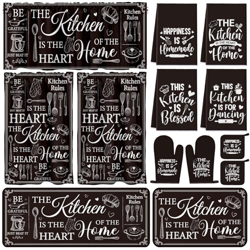 Fourluoo 13 Pcs Farmhouse Kitchen Decor Set 4 Black Kitchen Towels 2 Nonslip Rugs and Mats 3 Modern Curtains Valance 2 Pot Holders 2 Oven Mitts for Home Decoration Mom Cooking Grilling Gift - color: Obsidian Black, style: Minimalism