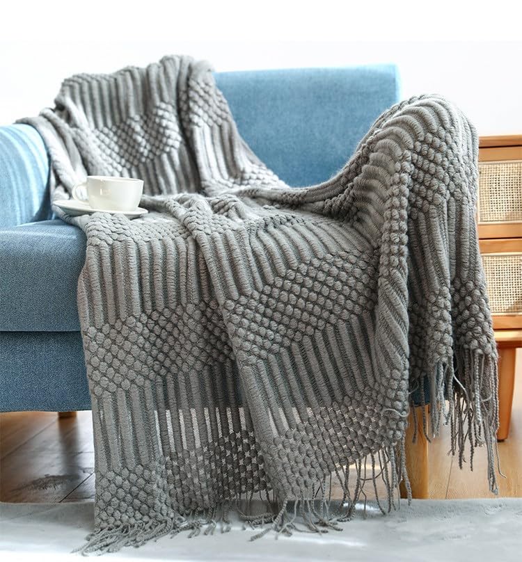 Decorative Throw Blanket, Soft Cozy Woven Boho Giftable for Couch or Bed for Home Decor/Design, 50”L x 95”W, 50”L x 70” (Dark Grey, 127x180cm)