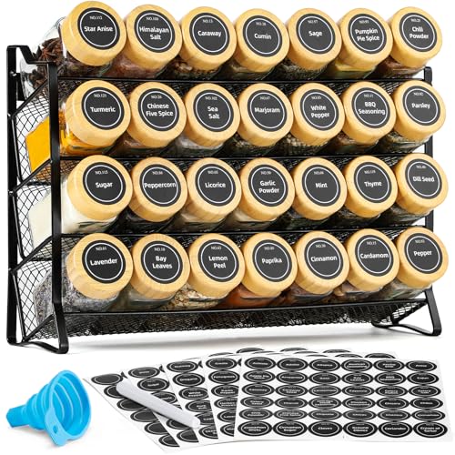 AOZITA Spice Rack Organizer for Cabinet, 28 Empty Spice Jars with Bamboo lids, Funnel, Spice Labels, Seasoning Organizer for Countertop, Cabinet, Kitchen, Pantry, Cupboard - color: Bamboo