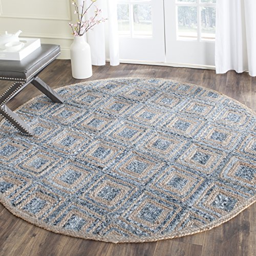 SAFAVIEH Cape Cod Collection 4' Round Natural/Blue CAP354A Handmade Flatweave Boho Coastal Diamond Braided Premium Jute & Denim Entryway Foyer Living Room Bedroom Kitchen Area Rug - color: Natural/Blue, size: 4' (Round)