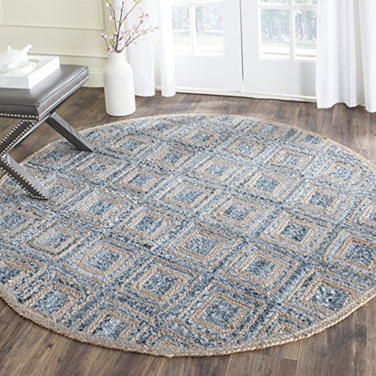 SAFAVIEH Cape Cod Collection 4' Round Natural/Blue CAP354A Handmade Flatweave Boho Coastal Diamond Braided Premium Jute & Denim Entryway Foyer Living Room Bedroom Kitchen Area Rug - color: Natural/Blue, size: 4' (Round)