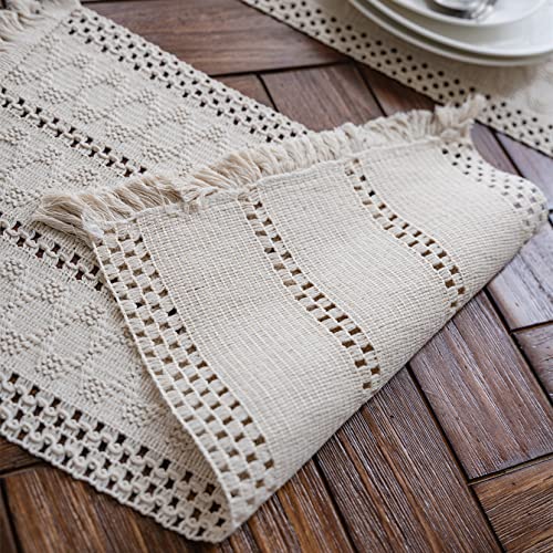 Macrame Table Runner Cream Beige Boho Table Runners with Tassels Hand Woven Cotton Table Runner Rustic Farmhouse Table Runners for Bohemian Kitchen Dining Table(12x71in) - size: 12"Wx71"L
