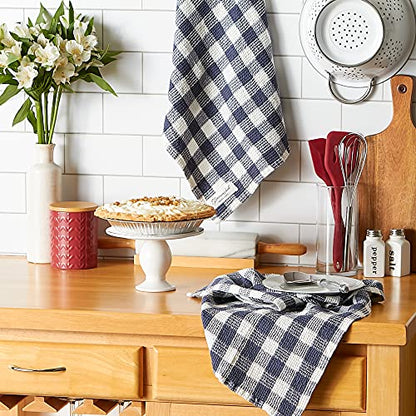 DII Washed Waffle Weave Collection, Dishtowel Set, 18x28, Denim Check, 2 Piece - color: Denim Check