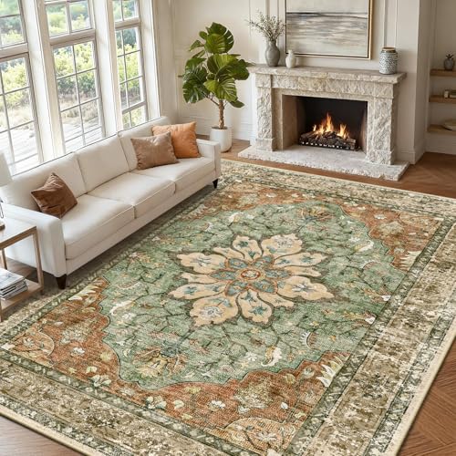 RELEANY Washable Vacuum-Friendly Area Rugs 9'x12' Brick/Brown/Green | Low Pile Stain-Resistant, Soft Non-Slip, Floral Vintage Distress Print Pattern Medallion, for Living Room Bedroom Hallway - color: Brick/Brown/Green, size: 9' x 12' (Rectangular)