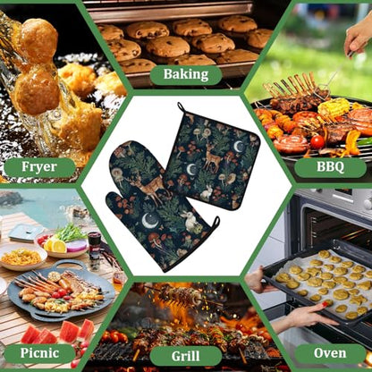 Deer Mushroom Forest Oven Mitts and Pot Holders Sets 4 Pcs Wild Animal Botanical Silicone Kitchen Gloves Heat Resistant Potholders for Baking Grilling BBQ - color: Deer Owl Rabbit