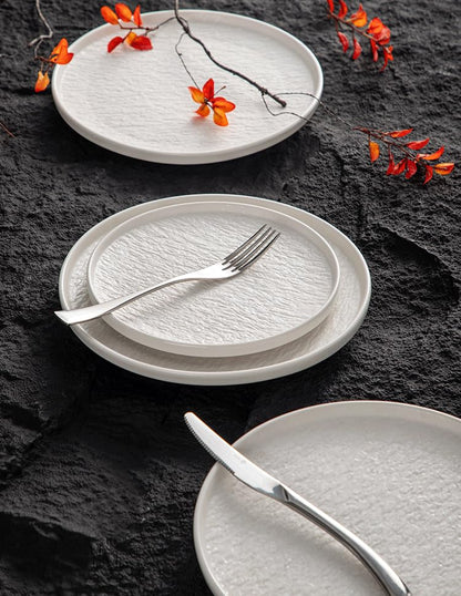 4-piece set, ceramic, embossed stone design plate and bowl set, microwave and dishwasher compatible tableware set, shatterproof and scratch resistant dinner set, irregular edge design, white - color: style - 9