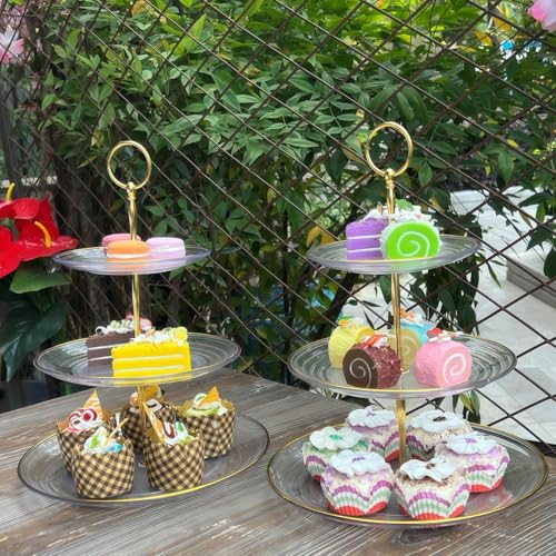 2 Pack of 3 Tiered Transparent Plastic Dessert Cup Cake Stand Holder | Small Tiered Serving Cake Stand, Clear Plate with Gold Rim, Weddings Parties Pastry Serving Tray