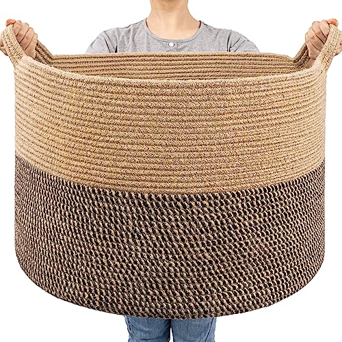 Goodpick Large Wicker Basket for Blankets, Baby Toy Storage Basket, 85L | 21.7 x 21.7 x 13.8 In Baby Storage Basket for Nursery, Blanket Basket for Living Room, Laundry Basket for Towels, Jute - color: Black & Jute, size: 21.7x21.7x13.8 Inch (Pack of 1)
