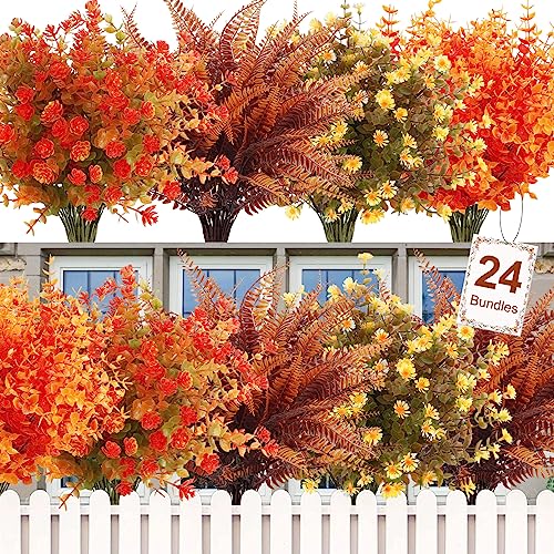 24 Bundles Artificial Fall Flowers for Outdoors Decorations | Fake mums, faux boston ferns, UV resistant, garden patio porch planters autumn harvest Thanksgiving indoor home decor - color: Orange Red, size: 24 Packs