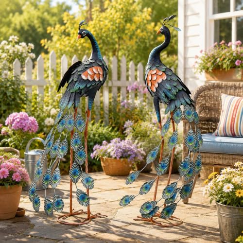 36" Peacock Decor Set of 2, Metal Yard Art Hand-Painted | Oversized Garden Statues & Sculptures for Lawn, Flower Beds, Patio, Backyard , Indoor Kitchen & Home Decor,Weatherproof - color: 36" -Retro Blue Peacock