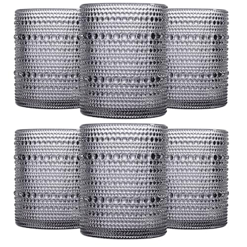 JOVGANK Grey Vintage Hobnail Drinking Glasses Set of 6, Embossed Water Tumbler 12oz, Kitchen & Bar Beaded Glass Cups, Beverage Glass Cups for Water, Beer, Juice, Gift for Housewarming Mother's Day - color: Gray, size: 12 oz