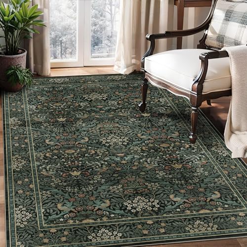 3x5 Washable Area Rug Non-Slip Entryway Rug Indoor Mat Dark Green | Soft Low-Pile Throw Rug,Vintage Distressed Botanical Birds Carpet,Stain Resistant Boho Rug for Living Room Bedroom Kitchen - color: Dark Green, size: 3' x 5' (Rectangular)