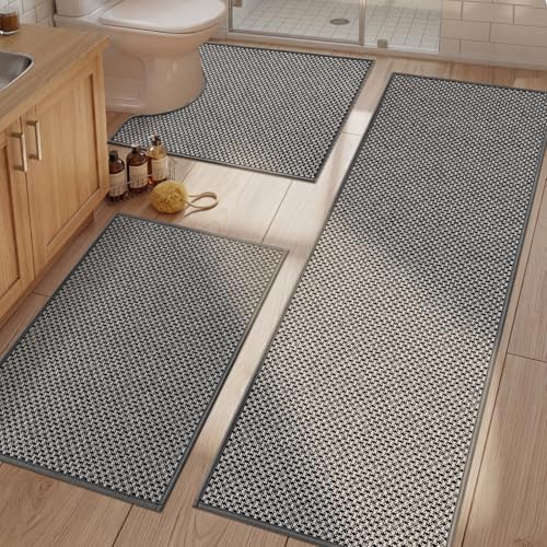Thin Bath Mat Darkgrey Bathroom Rugs Sets 3 Pieces, Non Slip Absorbent Bath Mats Quick Dry, Woven Braided Rugs Washable, Tapetes para Baño for Bathroom,Bathtub(17.5"x24"U+17"x24"+17"x47") - color: Dark Grey, size: 3Pieces(17.5"x24"U+17"x24"+17"x47")