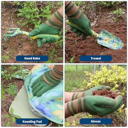 10 Piece Garden Tools Set, Gardening Hand Tools Kit with Heavy Duty Rust-Proof Aluminum Tools, Organizer Tote Bag, Apron, Gloves & Kneeling Pad, Ideal Gardening Gifts for Women, Mom, Grandma & Wife - color: green floral-10pcs