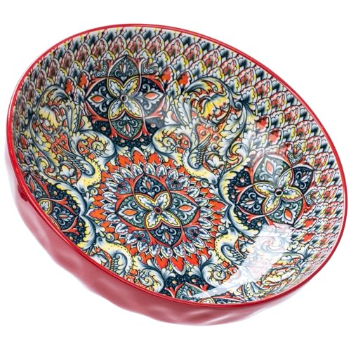 Large Serving Bowls, 75 Oz Fruit Salad Bowls, Bohemian Style Large Porcelain Dishes for Entertaining Parties,Big Bowls for Eating Soup, Salad, Pasta, Fruit, Chips, 10.3 Inch Diameter (red) - color: Red