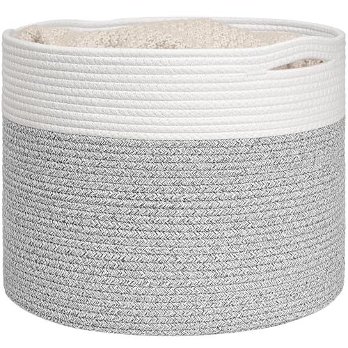 Goodpick Woven Blanket Basket Living Room, Toy Bin for Playroom, 45L | 15.8 x 15.8 x 13.8 In Toy Storage Basket for Nursery, Blanket Basket for Living room, Laundry Basket, Light & Grey - color: Light Grey, size: 15.8x15.8x13.8 Inch (Pack of 1)