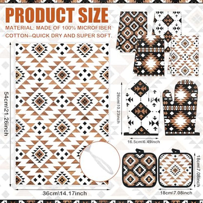 Teenyyou 8 Pcs Western Aztec Kitchen Towels Southwestern Pot Holders and Oven Mitt Set 4 Aztec Dish Towels 2 Rustic Absorbent Square Potholders 2 Heat Resistant Glove for Cooking Baking Home Gifting - style: Aztec