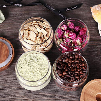 Tzerotone 8 Pcs Spice Containers - 8.5oz Glass Spice Jars With Acacia Airtight Lid and Labels - Stackable Empty Round Spice Bottles for kitchen Seasoning, coffee bean, tea, suger, herbs - color: clear