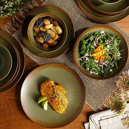 Two Time Oprah's Favorite Things Winner - Palermo Sun Double Bowl Stoneware Reactive Glaze Plates and Bowls Dinnerware Set - Cardamom Green, Service for Four (16pcs) - color: Cardamom Green