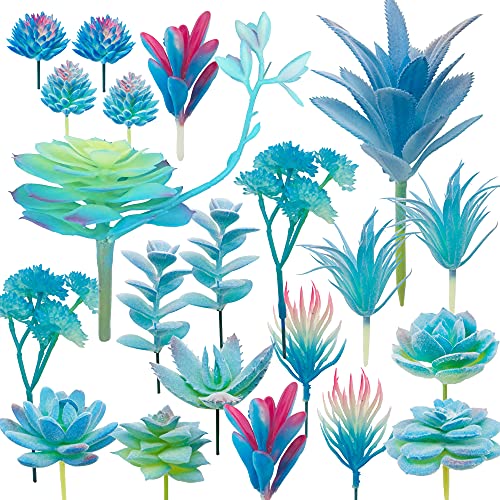 Woohome 20 PCS Artificial Succulent Plants, Blue Fake Succulent, Unpotted Faux Succulent Assortment in Flocked Blue in Different Type for Birthday Home Decor Indoor Wall Garden DIY - color: Blue