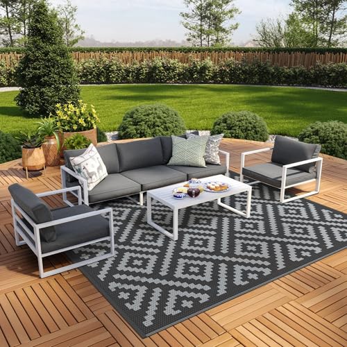 GENIMO Outdoor Rug, Waterproof Plastic Rugs for Patio, 8'x10' Black Grey | Outside Larger Modern Carpet Mat for Porch Decor, Deck, Balcony, Camping, RV, Backyard, Picnic, Beach, Reversible, Foldable - color: Black & Grey, size: 8' x 10' (Rectangular)