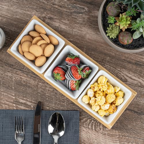 Restaurantware-6 Ounce Bowl Set with Tray - 1 Dishwashable Serving Set, Includes 3 Porcelain Bowls And 1 Bamboo Tray, Durable, White Porcelain And Bamboo Bowl And Platter Kit, Reusable, Freezable - size: Triple set, style: Modern