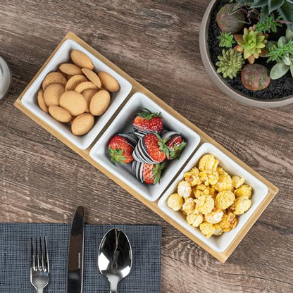 Restaurantware-6 Ounce Bowl Set with Tray - 1 Dishwashable Serving Set, Includes 3 Porcelain Bowls And 1 Bamboo Tray, Durable, White Porcelain And Bamboo Bowl And Platter Kit, Reusable, Freezable - size: Triple set, style: Modern